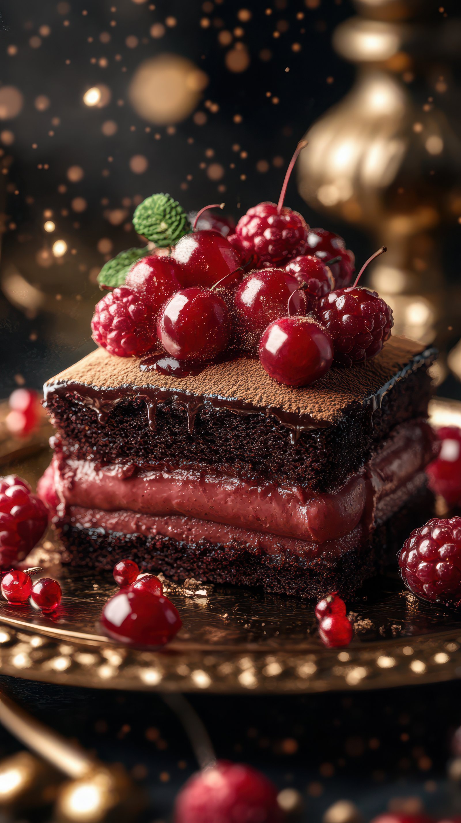 Delicious chocolate dessert topped with fresh raspberries served on an elegant golden plate in a festive setting